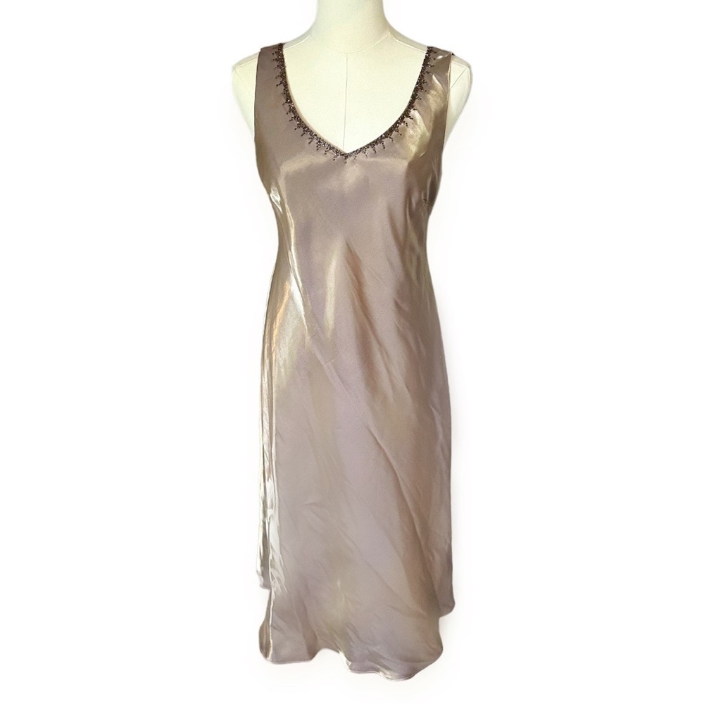 Vintage 90s Alex Evenings Iridescent Gold Beaded Dress Set w/ Jacket size 8